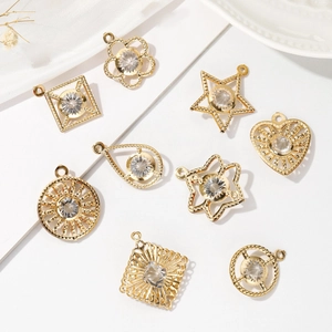Luxury Gold Plated Alloy Geometric Charms With Clear Zircon Sparkling Hollow Heart Star Round Flower Pendants For DIY Jewelry Making Elegant Accessory