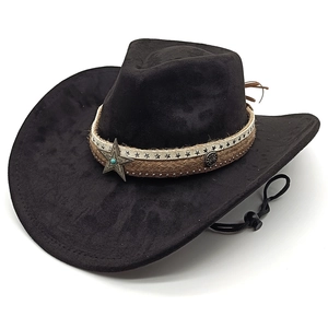Detail of western cowboy hat featuring star studs, braided cord, and turquoise bead
