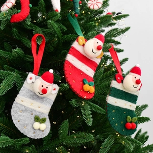 3D Santa wool felt Christmas stocking ornament with plush cherry decor on Xmas tree