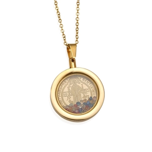 Gold 18K plated stainless steel St. Benedict medal necklace with colorful stones