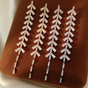 Long Tassel Dangle Earrings Copper Inlaid Zircon Leaf Shape With Silver Earring Post Elegant Wedding Party Jewelry
