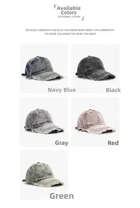 Detail of frayed edges and washed finish on vintage denim baseball caps in five colors