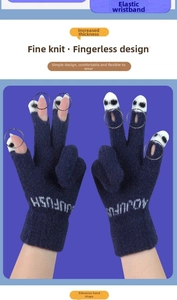 Close-up of navy knit fingerless gloves featuring panda patterns and elastic ribbed cuffs