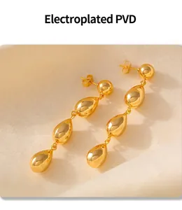 Detailed macro of gold geometric teardrop tassel earrings with PVD plating finish