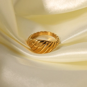 Minimalist 18K gold plated croissant dome ring with twisted ripple texture for women