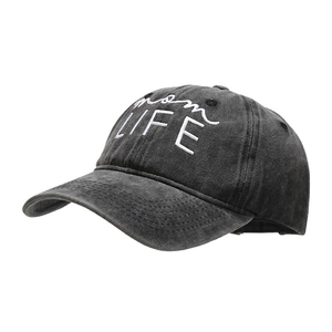 Faded grey cotton baseball cap with white mom LIFE embroidery shown at a 45-degree angle