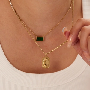 Double Layer Necklace 18K Gold Plated Stainless Steel Sun Moon Relief Plaque Green Zircon Pendant Women Vintage