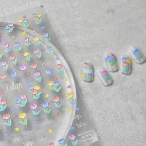 5D Relief Embossed Nail Art Stickers Tulip Flower Butterfly Pattern Japanese Style Cute DIY Manicure Decoration