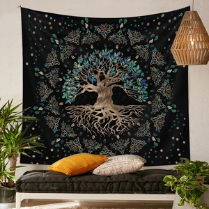 Detail of bohemian tree of life tapestry with mandala style on a cozy living room wall