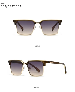 Detailed front and 45-degree side view of square gradient tea gray sunglasses