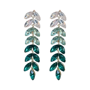 Elegant silver tassel earrings with gradient green crystal leaf design for women