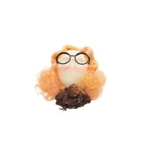 Handmade flocked bear brooch with orange hair and glasses on white background