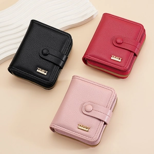 Short tri-fold women's wallets with litchi texture in black, red, and pink colors