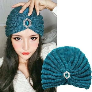 Women Winter Warm Acrylic Knitted Turban Hat Vintage Rhinestone Artificial Gemstone Ethnic Style Indian Beanie Cap Headwrap