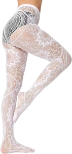 Detailed view of intricate white floral lace patterns on elegant high-elasticity hosiery