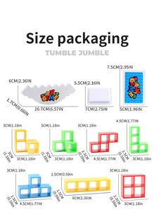 Detailed size specifications for Tumble Jumble stacking blocks and balance beam base