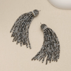 Detail of 2mm grey faceted beaded tassel earrings with sparkling rhinestone studded caps