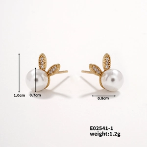 Golden pearl stud earrings with rabbit ear design and size details for women