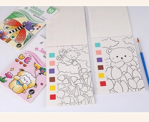 Detail of portable kids watercolor book with 10 pages and built-in 6-color paint palette