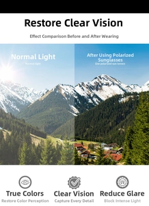 Polarized lens comparison showing glare reduction and UV protection on snowy landscape
