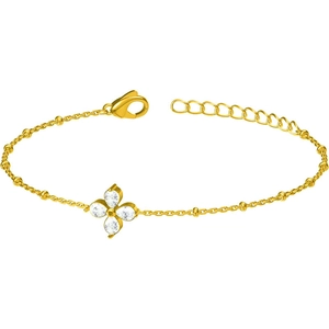 Gold plated stainless steel clover bracelet featuring white zircon petals and small beads