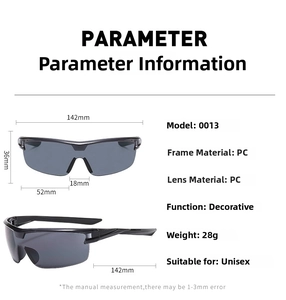 Detailed dimension guide for model 0013 outdoor sports cycling sunglasses with PC frame