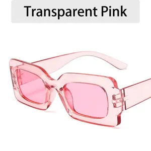 Retro transparent pink rectangular sunglasses with wide temples in jelly finish