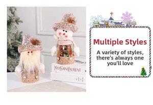 Detailed view of Christmas candy jars with sequined snowman and Santa doll toppers