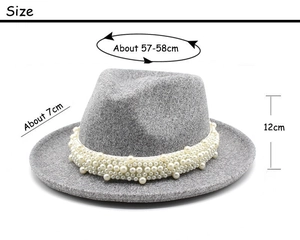 Tabla de tallas detallada de sombrero fedora de lana gris con banda de perlas elegante