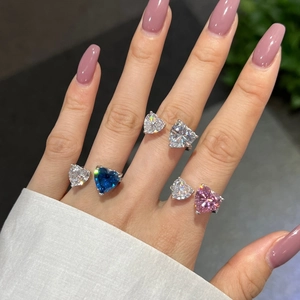 Elegant S925 silver open ring featuring double heart-shaped blue and white zircons