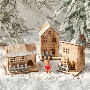 LED Wooden House Christmas Ornaments Miniature Village Buildings Snow Capped Nordic Style Xmas Holiday Desktop Decor