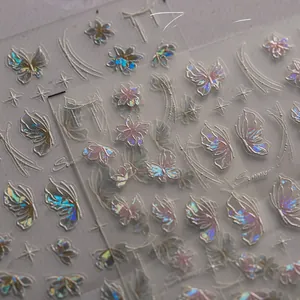 Macro detail of 5D embossed laser butterfly and cherry blossom nail art stickers