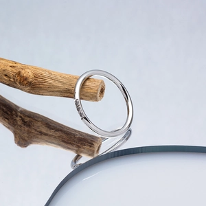 Detail of 2.5mm slim titanium steel ring with three CZ stones on a wooden branch