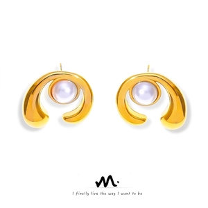 C Shaped Spiral Stud Earrings Gold Plated Titanium Steel With White Artificial Pearl Elegant Minimalist Jewelry For Women Chic