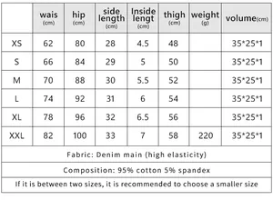 Size chart table for high waist stretch denim shorts including XS to XXL measurements