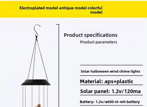 Solar powered Halloween pumpkin wind chime with LED lights and S-hook for garden decor