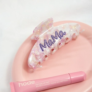 Pink marbled acetate hair claw clip with purple rhinestone Mama lettering decoration
