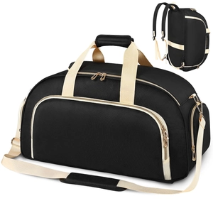 Black gym duffel bag with beige straps and gold zippers featuring multi-functional compartments