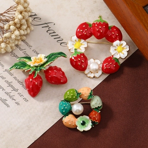 Charming strawberry enamel brooches with pearls and floral details for women jackets