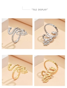 Detailed grid view of gold and silver snake rings featuring hammer-textured metal finish