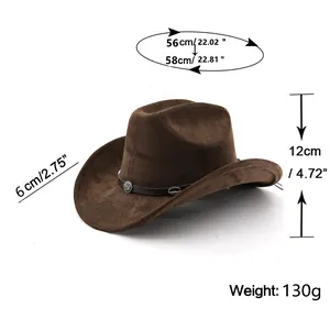 Size chart showing head circumference and dimensions for the brown Western cowboy hat