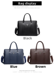 Close-up of embossed leather business briefcase in black, blue, and brown color options