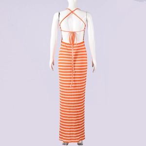 Detail of the backless tie-up design on the orange and white striped knitted maxi dress