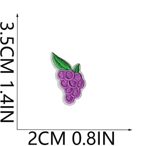 Detail showing dimensions of purple grape embroidery patch with green leaves on white background