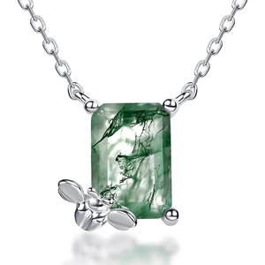 S925 silver bee necklace featuring a rectangular green moss agate stone pendant
