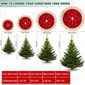 Size guide for red velvet Christmas tree skirt with gold trim showing diameter options