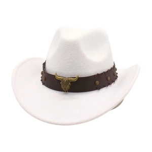 Western Cowboy Hut Breitkrempiger Filzhut Mit Lederband Metall Stierkopf Vintage Ethnischen Stil Reisehut