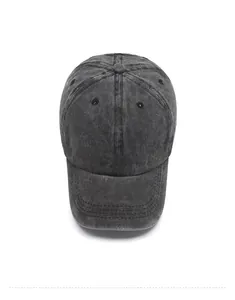 Top view of washed charcoal cotton baseball cap showing ventilation eyelets and button