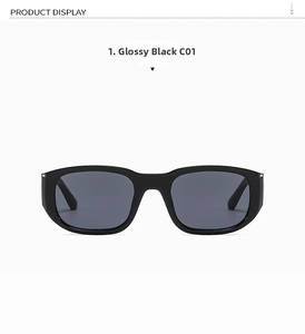 Front view of bright black rectangular slim sunglasses with C01 model detail