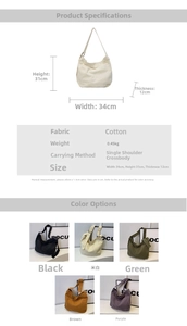 Detailed size specifications and color options for the large canvas crossbody bag